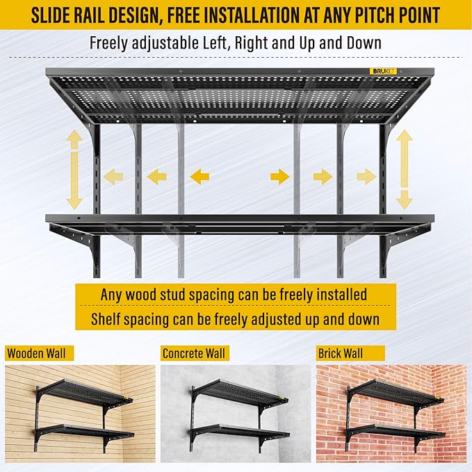 2 Tier 1.3x3ft Garage Shelving Wall Mounted, 15.6x36inch per Shelf Height Cassette Adjustable Floating Shelves(Black)