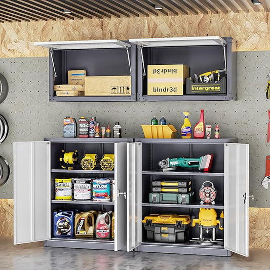 Bonusall Metal Garage Storage Cabinet, 36" H Locking Cabinets with 2 Adjustable Shelves, 2 Door Small Pantry Storage for Home Office, Kitchen, Bathroom (White Grey)