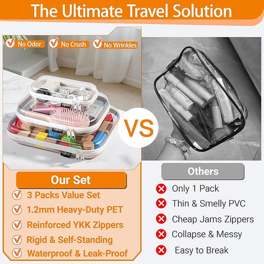 Hard Sided Clear Zipper Case for Storage- Professional-Grade Plastic Clear Zipper Pencil Case,Toy Storage Bins, Toiletry Pouch, Travel Organizer, Cosmetic Bag(White,3 Pack, LMS)