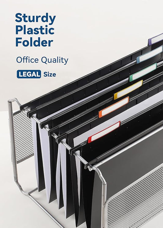 Plastic Legal Size Hanging File Folders, 12 Pack Black Hanging Folders, with Insertable 1/5-Cut Tabs for Filing Cabinets