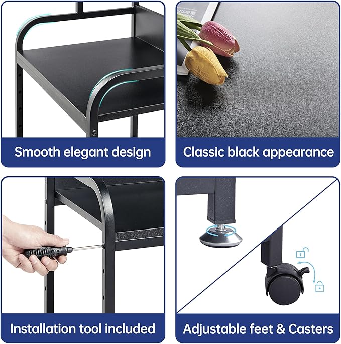 Printer Stand, 3 Tier Printer Table with Height Adjustable Storage Shelf, Rolling Printer Cart with Wheels for Home Office Organization, Black