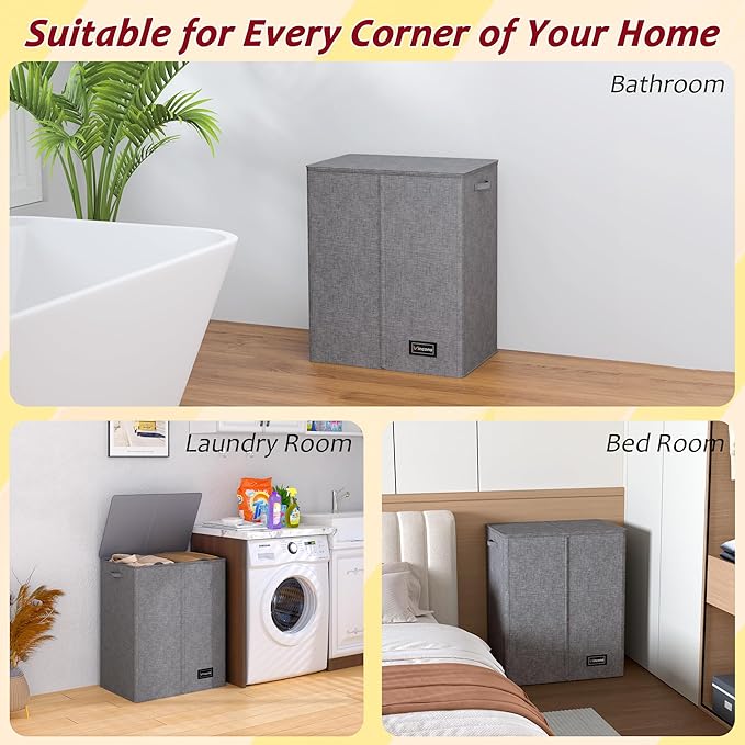 150L Laundry Hamper 2 Section, Large Laundry Hamper with Lid, Dirty Clothes Hamper with 2 Removable Inner Bags, Collapsible Laundry Basket Organizer for for Clothes Toys Towels, Hamper 2 Compartment