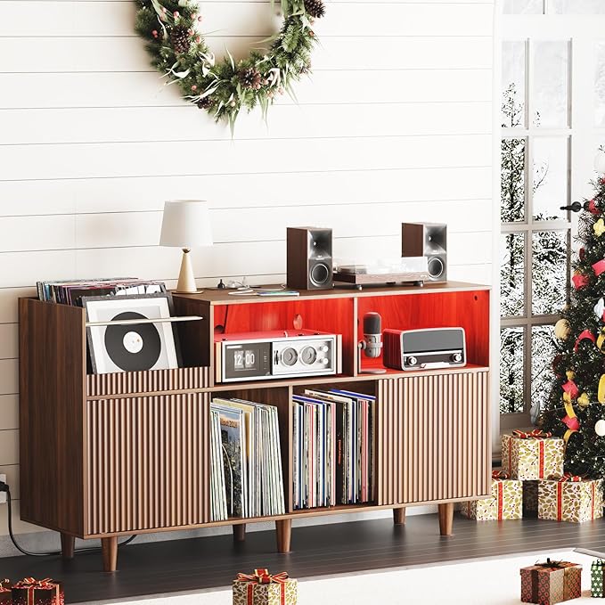 Large Record Player Stand with Power Outlets & LED Lights, Record Player Table Cabinet with Vinyl Record Storage Holds up to 500 Albums, Turntable Stand for Living Room, Bedroom