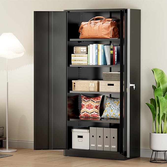 Greenvelly Metal Cabinet, 72" Black Locking Metal Storage Cabinet with 2 Doors and 4 Adjustable Shelves, Lockable Garage Storage Cabinets for Home Office, Garage, Kitchen, Living Room