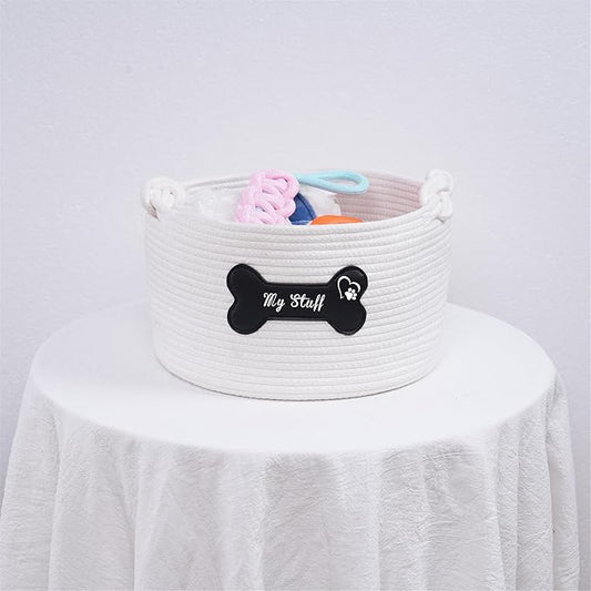 Cotton Pet Storage Basket, 12 x 12 x 7.1 inches, Dog Toy Organizer with Black Leather Bone Design, Dog Toy Storage Organizer, My Stuff Basket Puppy Pet Gift (Pet Dog Basket)