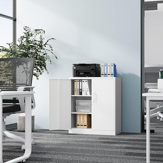 Metal Storage Cabinet-36” Tall Steel File Cabinet with Lockable Doors and Adjustable Shelves-White Steel Storage Cabinet for Home, School, Office, Garage