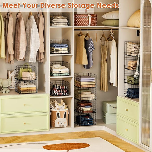5-Tier Stackable Closet Storage Baskets, Closet Organizers and Storage Shelves, Foldable & Stackable Clothes Storage Bins for Closet Organizer System, Closet Shelf Organizer for Home,Black