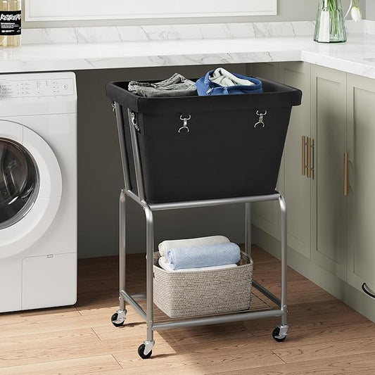 ELYKEN Rolling Laundry Hamper with Wheels, Laundry Cart with Removable Bag, Heavy Duty Metal Frame, 2-Tier Clothes Basket Hamper with Shelf for Closet, Bedroom, Bathroom, Laundry Room, Black