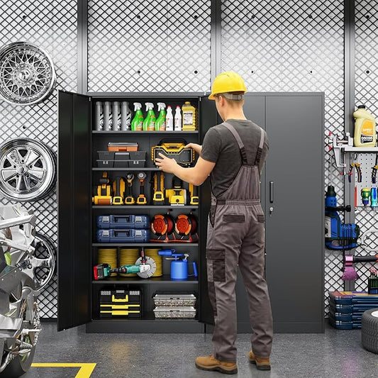 Metal Garage Storage Cabinet, 71" Locking Cabinet with 2 Doors and 4 Adjustable Shelves, Black