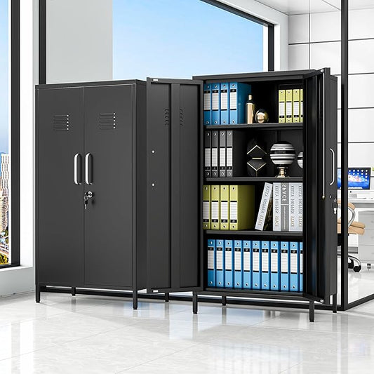 47.24" Metal Storage Locker with Lockable, Employees Metal Steel Locker with 2 Door & 3 Adjustable Shelves, Small Locker Storage Cabinets for Home, School, Office, Gym (Black)