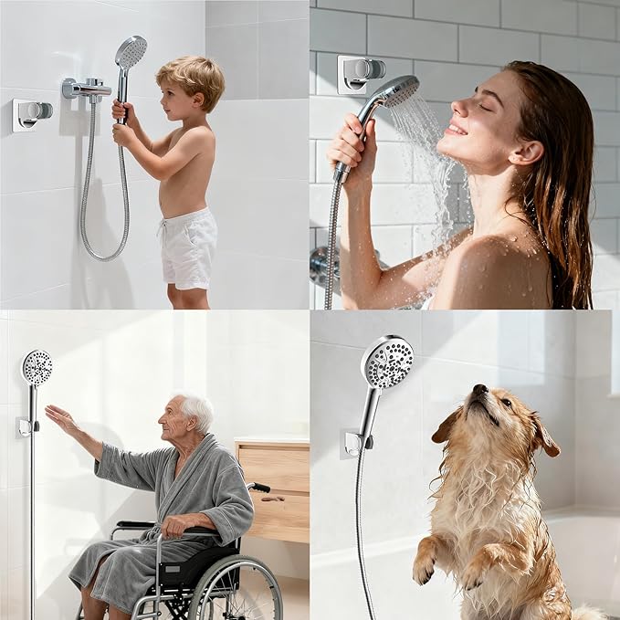Hibbent Showerhead Holder, Strong Adhesive and Waterproof Handheld Shower Holder and Bracket, Height Adjustable Shower Wand Holder, Wall Mount, No Drilling, Chrome Finish