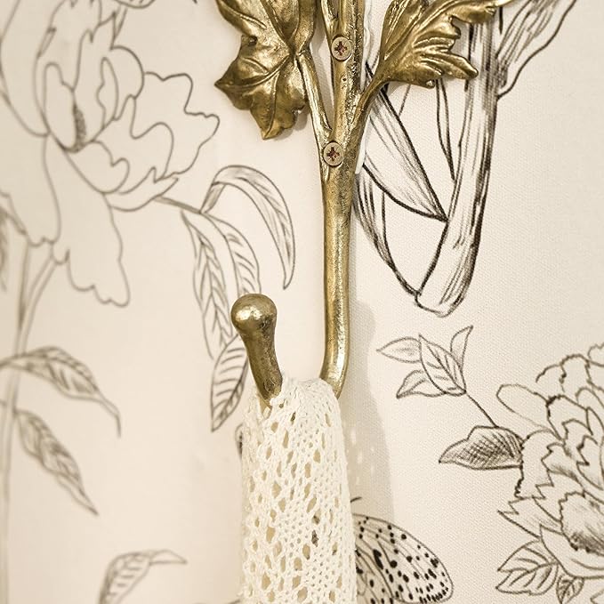 SOFFEE DESIGN 2pcs Metal Gold Coat Hooks with 3D Flowers & Buds Shape, for Entryway, Bathroom, Bedroom Home Decoration