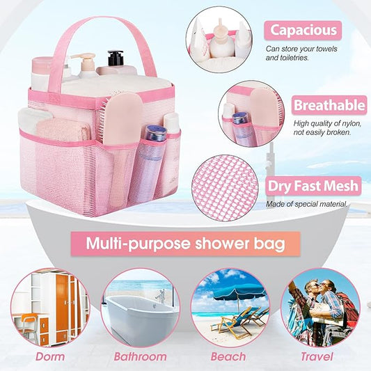 Attmu 2 Pack Mesh Shower Caddy Portable for College Dorm Room Essentials with 8 Pockets, Hanging Shower Caddy Dorm Basket, Quick Dry Shower Bag for Bathroom