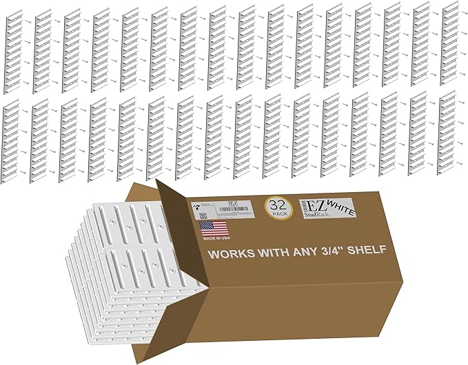 EZStudRack Shelf Bracket - Shelf Brackets for Wall - Wall Mount Shelf - Floating Shelf Hardware - Shelving Brackets for Home - Garage Shelf Brackets - Wood Not Included - 32 Pack (16 Pair) White