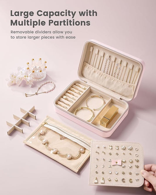 Lolalet Travel Jewelry Case for Women Girls, Travel Jewelry Organizer with Clear Storage Bag Small Portable Jewelry Box for Necklace Bracelet Earring Ring Birthday Bridesmaid Gifts -Large/Pink