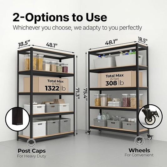 HOMEDANT House 5 Tier Heavy Duty Garage Shelving Adjustable Metal Rack Storage Shelves Standing Shelf Unit Organizers Pantry Closet Office (2, Black, (Wheels) 48.1" W x 18.5" D)