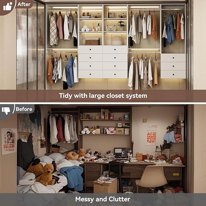 GraceGrove 71" High Modular Wooden Closet Organizer System with Shelves &2 Drawers, Wall Mount Shelving with Haning Rod, Walk in Closet Bedroom Organization,Closet Organizers and Storage, White