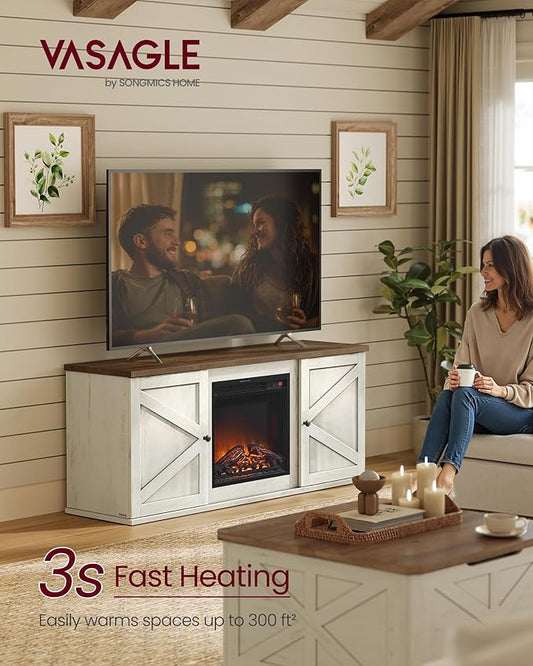 VASAGLE Fireplace TV Stand for TVs up to 65 Inches, 18-Inch ELectric Fireplace with Remote, Farmhouse Entertainment Center, Media Console Table for Living Room, Rustic White and Honey Brown ULTV540W01