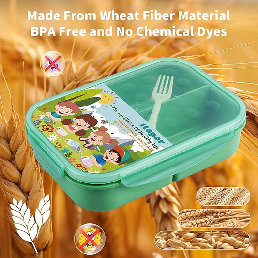 Wheat Straw Lunch Box, Leakproof 3-Compartment Bento Box for Kids & Adults, BPA-Free Lunch Containers, Microwave & Dishwasher Safe, 5.5 Cup (Green)