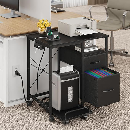 YAOHUOO Printer Stand with Power Outlet/Fabric Drawers, Printer Cabinet with Storage Shelf and Rolling Shredder Stand, Printer Table for Home Office, 25.6"×17.7" Black