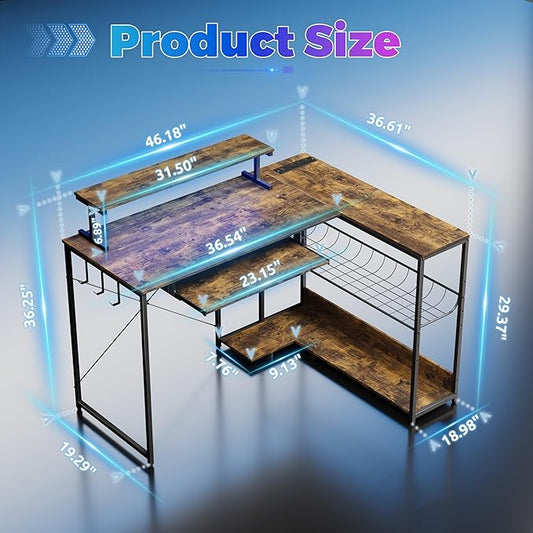 Computer Desk, L Shaped Gaming Desk with Monitor Stand & Storage Shelf & LED Light & USB Power Outlet, Reversible Shelves Corner Table with Keyboard Tray for Gaming, Home Office, Study