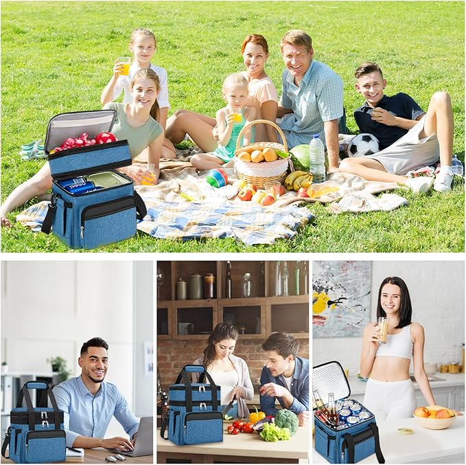 Insulated Lunch Bag & Lunch Box for Men - Double Deck Reusable Lunch Bag for Women Tote Cooler Bag Leakproof Soft Expandable - Large Lunchbox for Work/Adult/Picnic/Outdoor (Blue,15L)