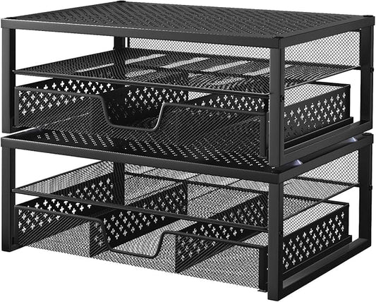 Simple Trending 2 Pack 2 Tier Metal Monitor Riser Stand and Computer Desk Organizer with Drawer, Black