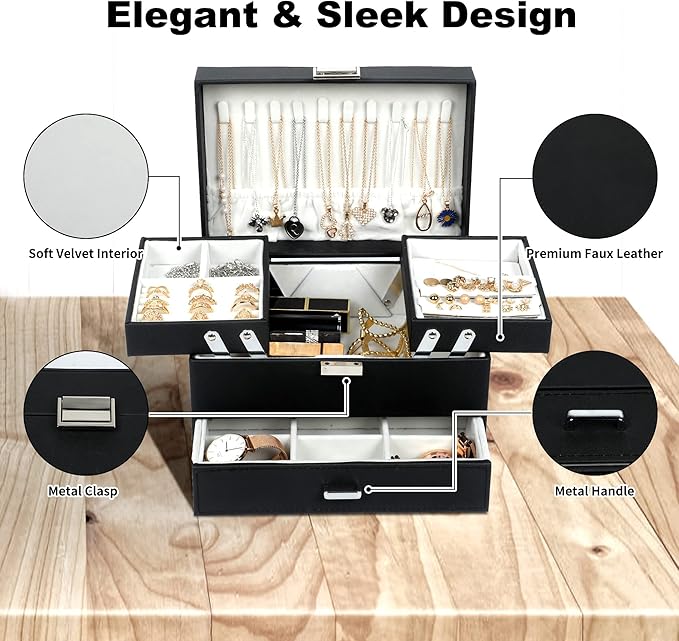 Dajasan Jewelry Organizer Box, Large Jewelry Boxes for Women Girls, Compact 3 Layers Jewelry Storage Case with Drawer, Movable Metal Stand, Modern, Gift Idea (Black)