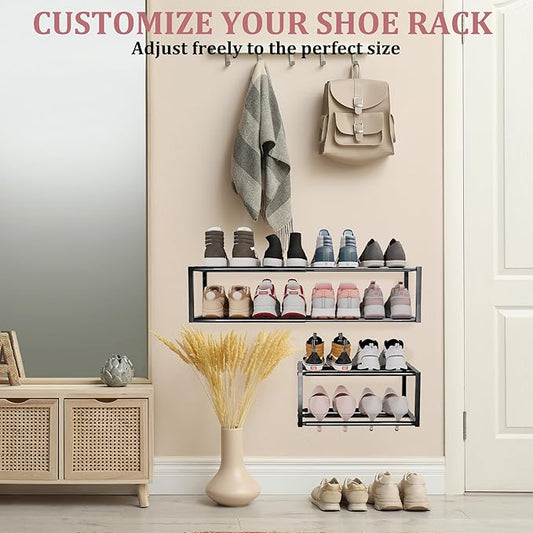 3 Pack Expandable Wall Mounted Shoe Rack, 17"-31" Adjustable Hanging Shoe Rack Holds 24 Pairs, Heavy Duty Metal Shoe Holder with 6 Storage Hooks, Space Saving for Entryway Closet Doorway(Black