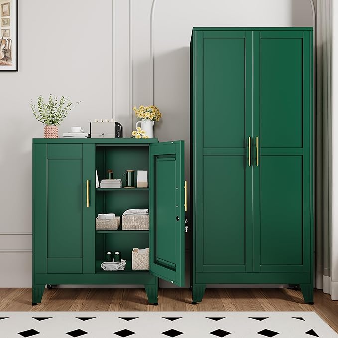 Green Metal File Cabinet with Lock (Two Units), Steel Storage Cabient with 2 Doors and 2 Adjustable Shelves, Multifunctional Locked Cabinet for Home/Office/Garage/Tool Room, Accent Furniture
