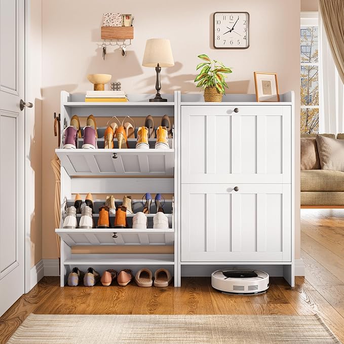Gizoon Shoe Cabinet with 2 Flip Drawers, Slim Shoe Storage Cabinet for Entryway, Freestanding Narrow Rack with Open Storage, for Hallway, White
