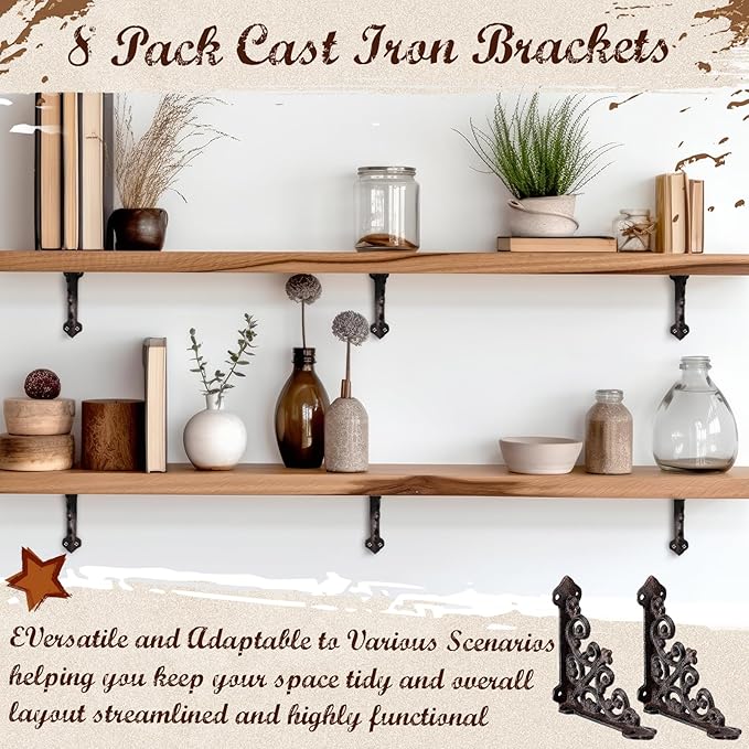Blulu 4 Pack Antique Style Cast Iron Shelf Brackets Decorative Brackets 5 1/2" x 5 1/2" Wall Mount Shelving Bracket Heavy Duty Victorian Style Shelf(Iron Gray)