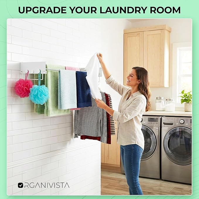 Laundry drying rack wall mount(40-INCH White), a wall mount clothes drying rack solution with reinforced metal frame, easy installation in tight spaces and foldable; drying rack clothing wall mounted.