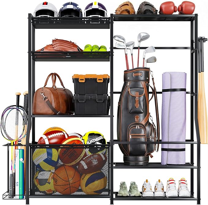 Large Sports Organizer for Garage, Ball Storage Rack Garage Sports Equipment Organizer with Side Racks, Baskets, Hooks, Multi-Purpose Golf Gear Storage for Gym Indoor Outdoor