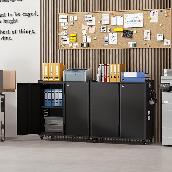 Heavy Duty Steel Metal Storage Cabinet with Wheels, Locking Doors and Adjustable Shelves - Black, Ideal for Garage, Warehouse, Office, School, Home