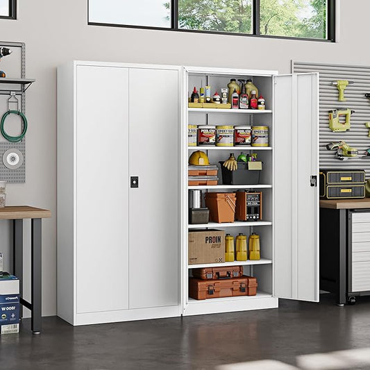 Yizosh Metal Garage Storage Cabinet with Lock, 71" Locking Tool Cabinet with 2 Doors and 5 Shelves, Heavy Duty for Garage, Office, School (White)