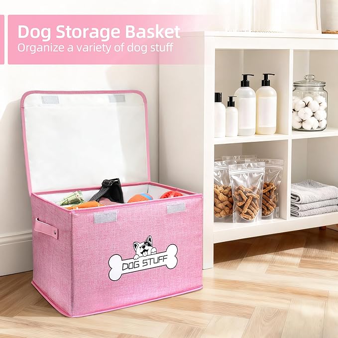 Fabric Dog Toy Box with Lid, Collapsible Storage Bin, Basket Organizer with Handle for Dog Toys, Blankets and Accessories, Pink