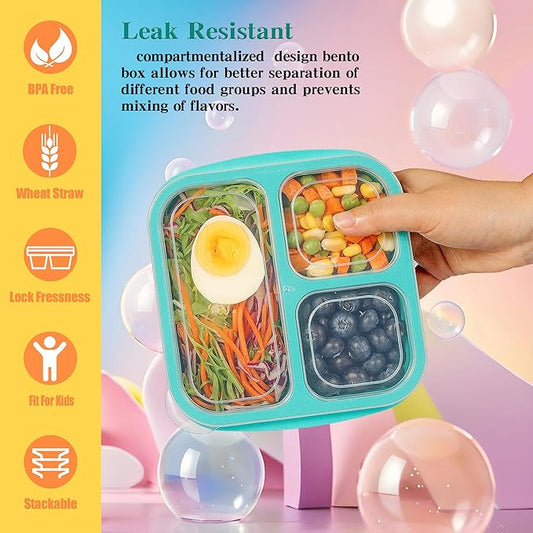 Bento Box For Kids, 4 Pack 3 Compartments Lunchable Meal Prep Containers Lunch Containers, Reusable Snack Containers with Lids, Snack Boxes for School, Work, and Travel
