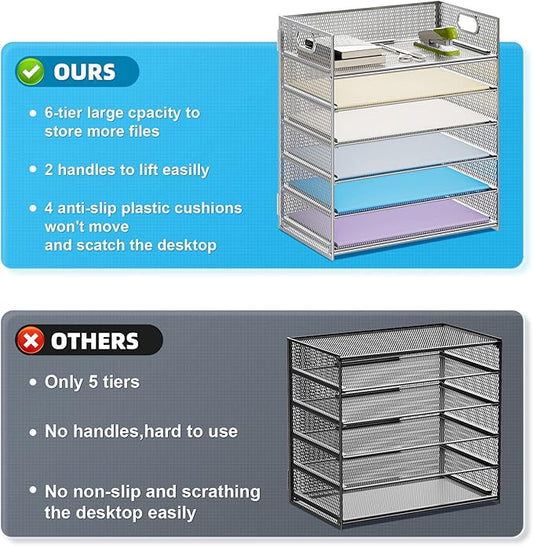 Marbrasse Paper Letter Tray - 6 Tier Mesh File Organizer with Handle, Paper Sorter for Letter/A4 Office File Folder Holder - Silver