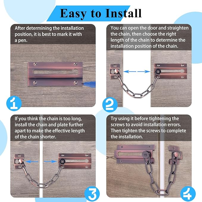 2 Pack Door Chain Lock Bronze Red, Stainless Steel Chain Locks for Inside Door, Premium Thickened with 12 Screws