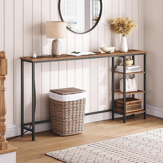 HOOBRO Console Table with Power Outlet, 63" Behind Sofa Table with Shelves, Narrow Entryway Table with Storage, Couch Table for Living Room, Hallway, Rustic Brown and Black BF164UXG01