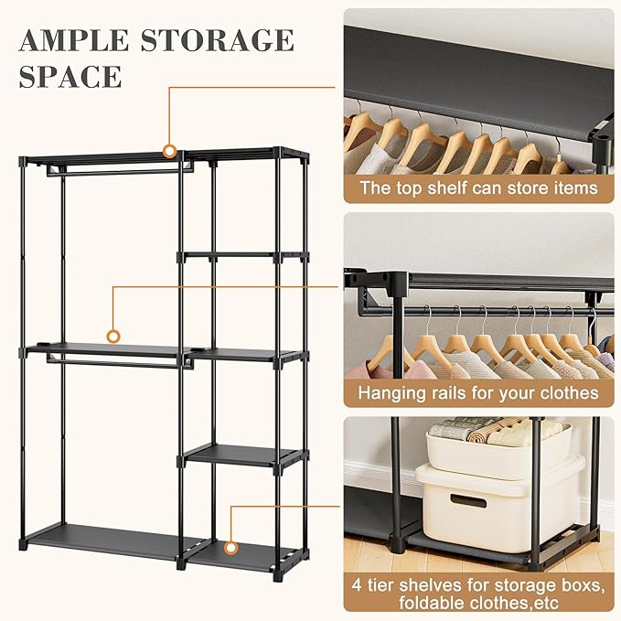 Portable Closet, Freestanding Wardrobe Closet Organizers and Storage,Open Clothing Racks for Hanging Clothes with 4 Shelves and 2 Hanging Rods,47.8x15.8x63.4 Inches