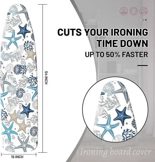 Extra Thick Ironing Board Cover and Pad, Coral Starfish Coastal 15x54 Ironing Board Cover, Resist Scorching and Staining,Elastic Edges,Nautical Blue Conch Ocean Theme