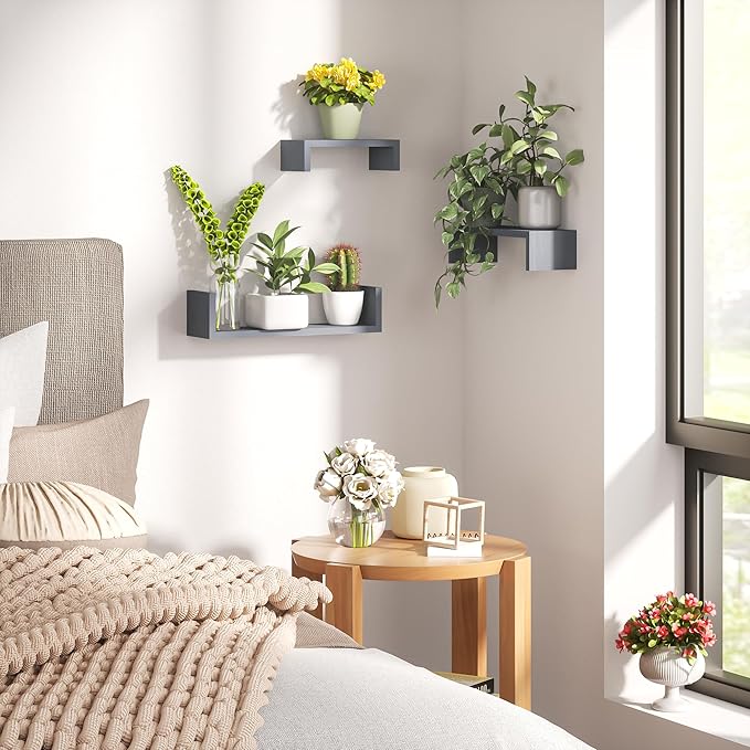 SRIWATANA Floating Shelves Wall Mounted, Solid Wood Wall Shelves, Weathered Gray…