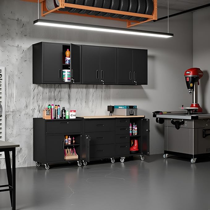 Garage Storage Cabinet System 6pcs Heavy Duty Workshop Set Wall Cabinet Lockable Rolling Tool Cabinets with Adjustable Shelves Metal Garage Storage Cabinets