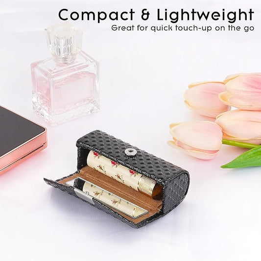 Lipstick Case with Mirror, Diamond Pattern, Vegan Leather Lipstick Holder for One Tube, Slim Makeup Organizer for Travel & Quick Touch-Up (Black)