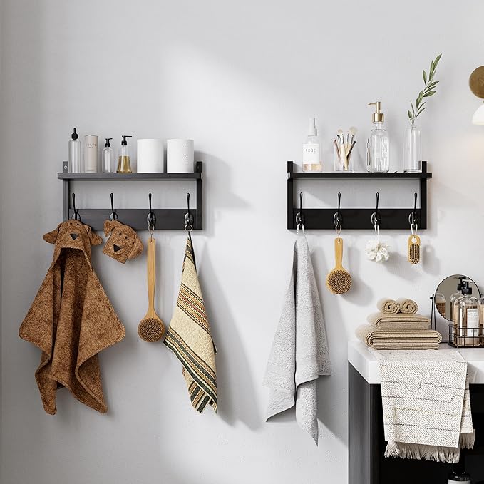 Coat Rack with Shelf, 2 Pack Bamboo Wall-Mounted Coat Hanger with 8 Hooks for Entryway, Hallway, Kitchen, Bathroom, Living Room, Utility Room (Black)