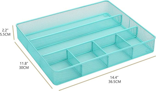 Annova Desk Top Organizer Tray for Office Organization - Metal Mesh - Storage Tray with Dividers for Pens, Desktop Accessories, Bathroom, Kitchen, Makeup and Office Supplies (Large, Turquoise)