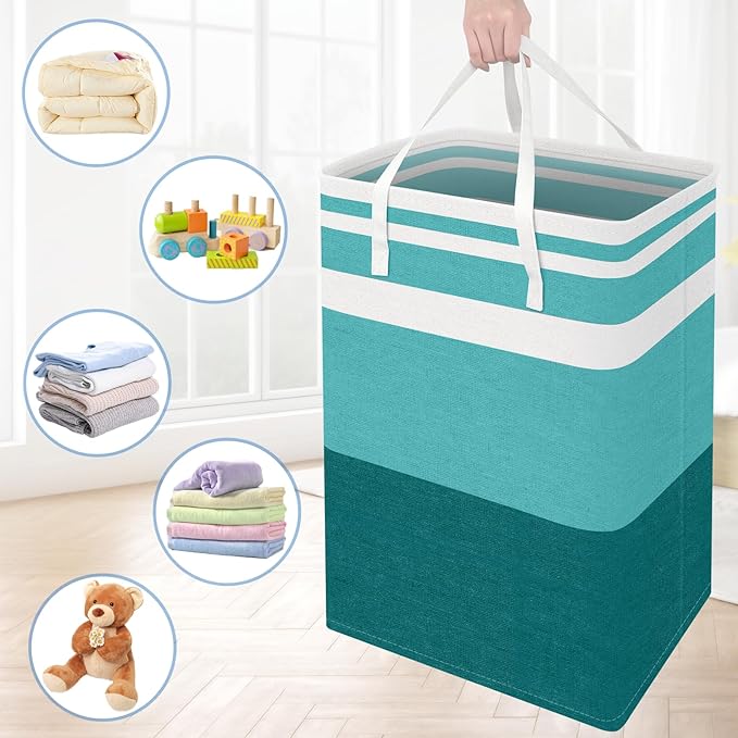 BlissTotes 3-Pack Laundry Basket, Freestanding&Waterproof Laundry Hamper, Collapsible Tall Clothes Hamper with Easy Carry Handles for Clothes, Towels in the Family and Dorm,Gradient Green,75L
