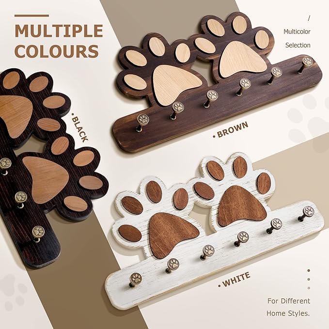 MTERSN Farmhouse Key Holder for Wall - Decorative Dog Leash Hanger and Coat Rack Wall Mount with 6 Unique 3D Claw Hooks - Dog Toys Organizer for Rustic Home Decor (White)
